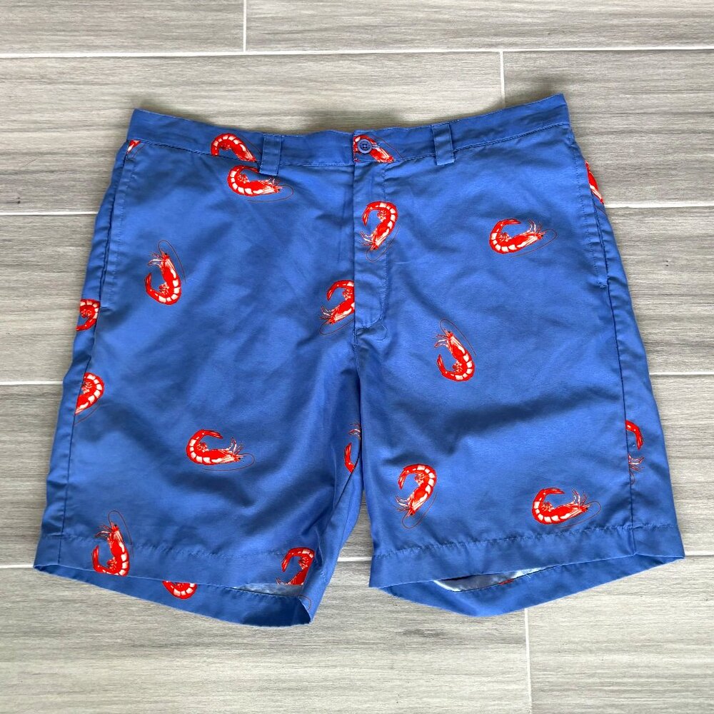 LIQUID FLOW Men's Golf Shorts 40W Classic Fit Shrimp Crawfish Blue w Red Orange